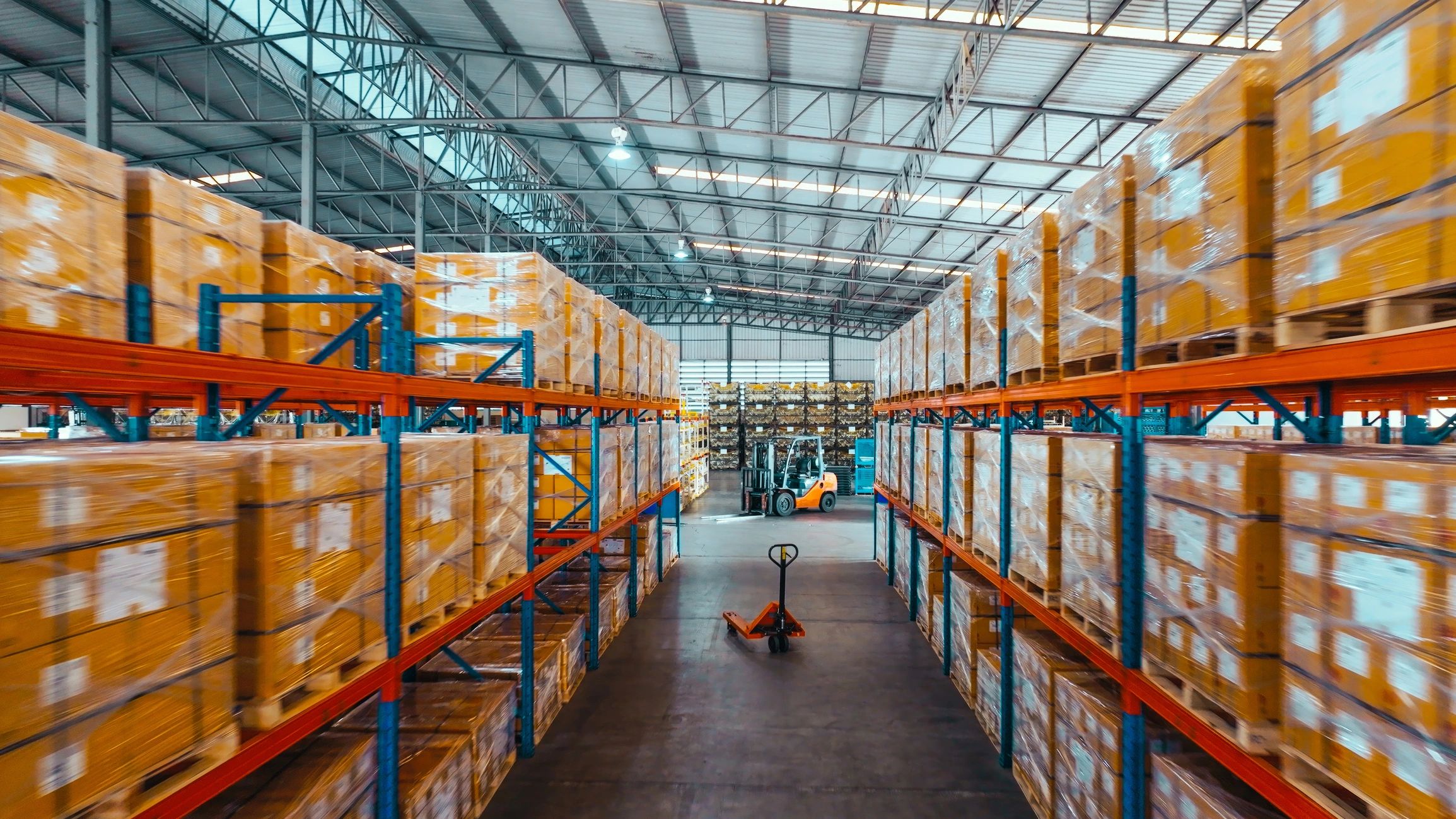 Retail distribution warehouse shelving with packaged goods