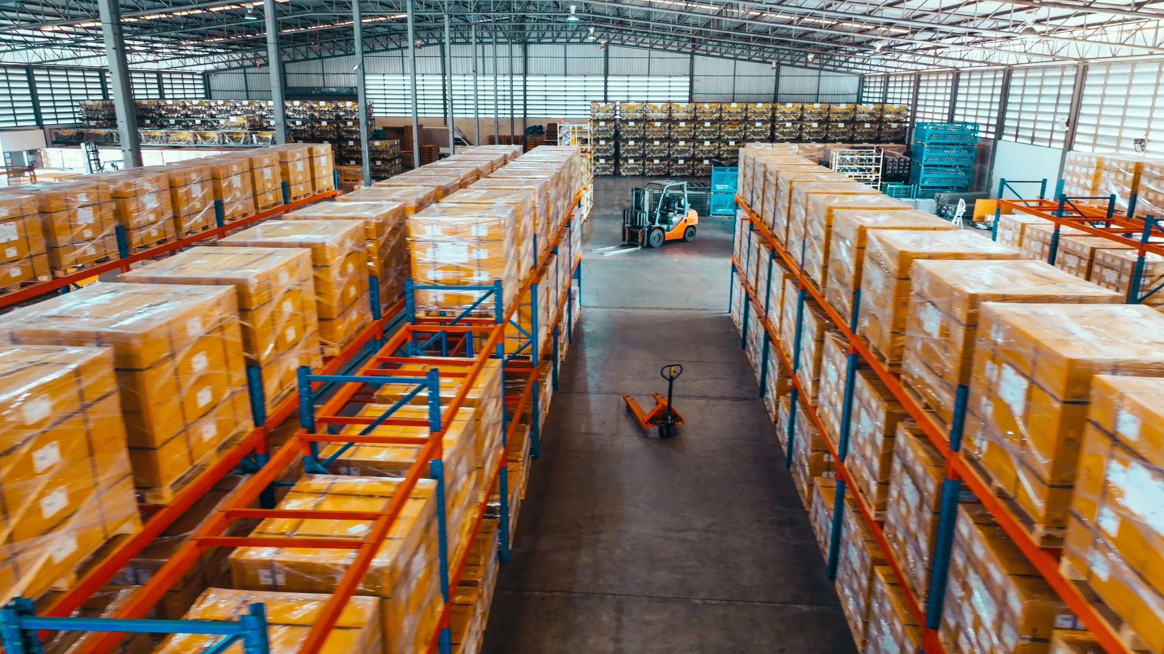 Warehouse shelving with packaged merchandise ready for retail distribution