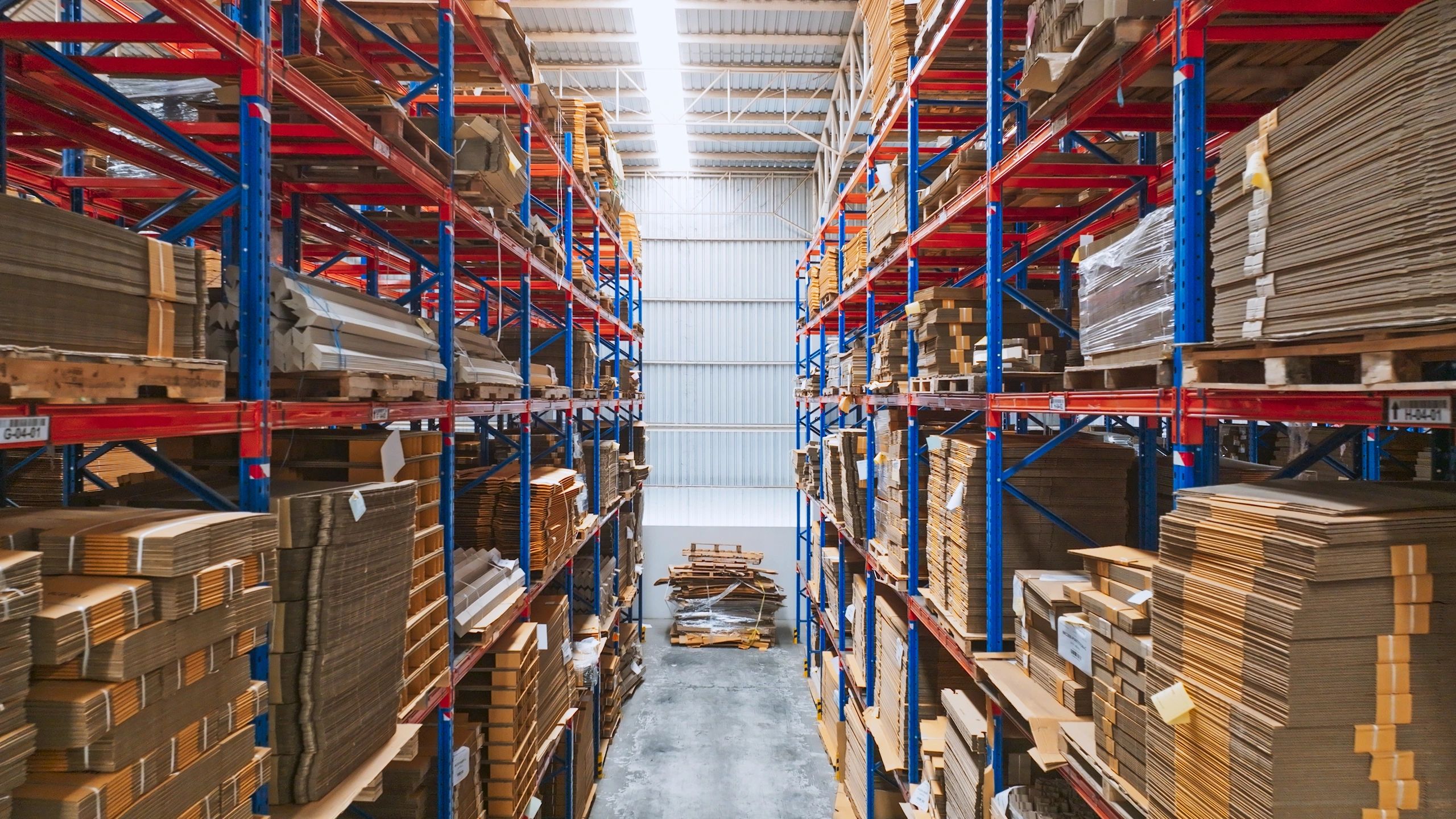Warehouse shelving with boxed inventory ready for fulfillment