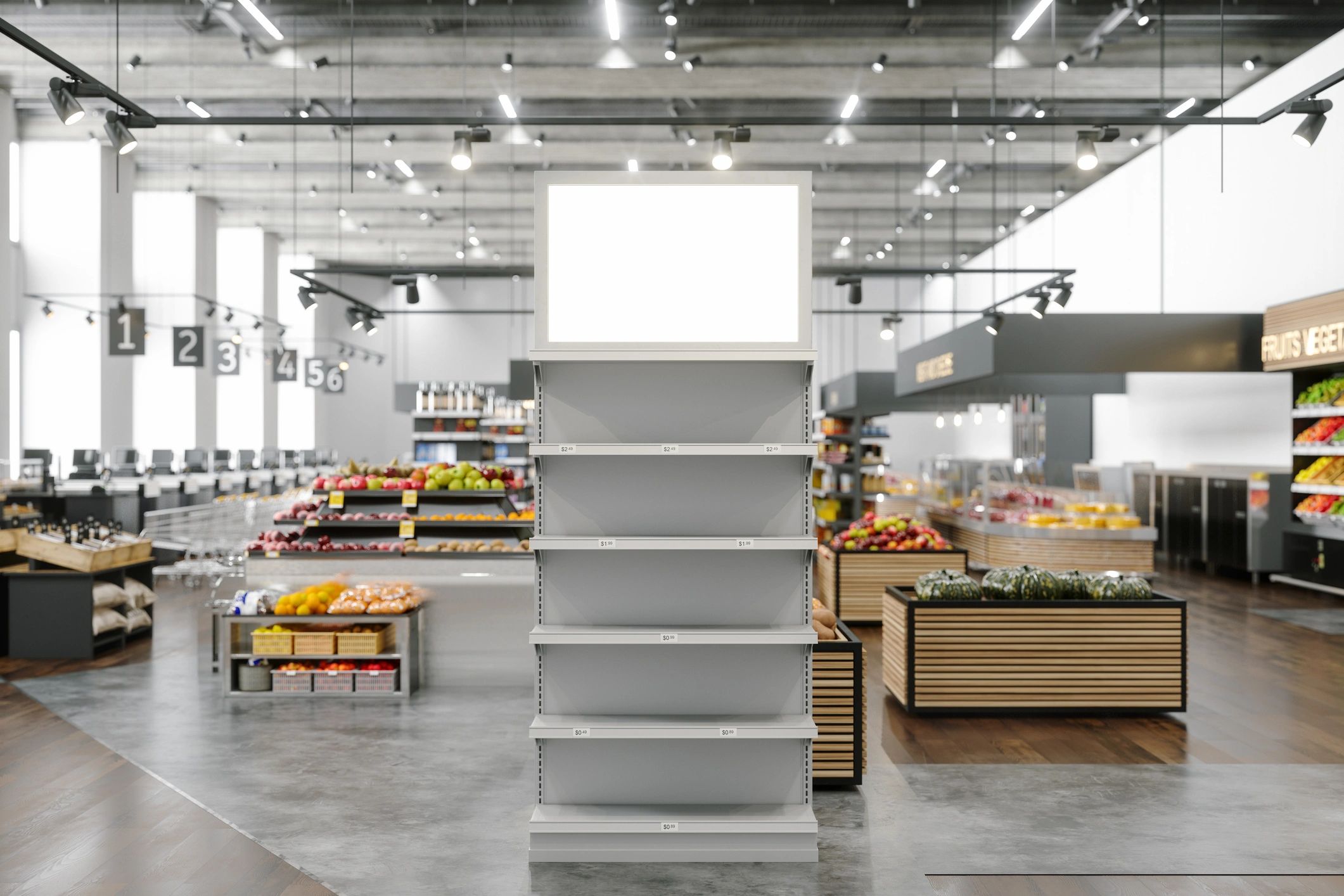 Close-up of retail shelving and signage area